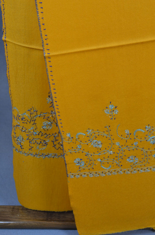 Honey Yellow Base Big Border Sozni Embroidery Merino Wool Scarf