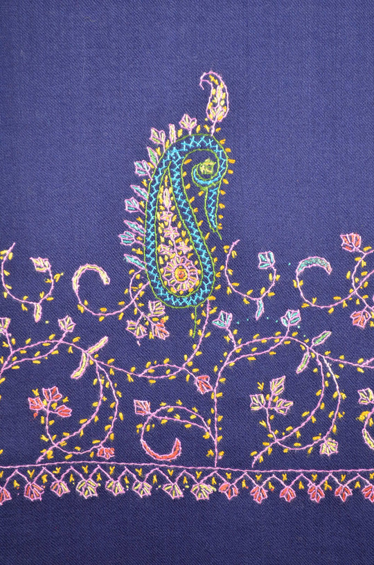 Midnight Blue Base Big Border Sozni Embroidery Merino Wool Scarf