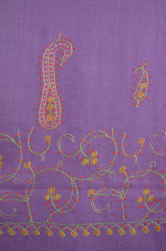 Purple Base Big Border Green Sozni Embroidery Merino Wool Scarf