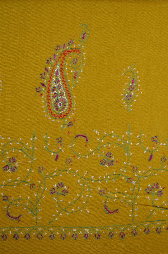 Canary Yellow Base Big Border Sozni Embroidery Merino Wool Scarf