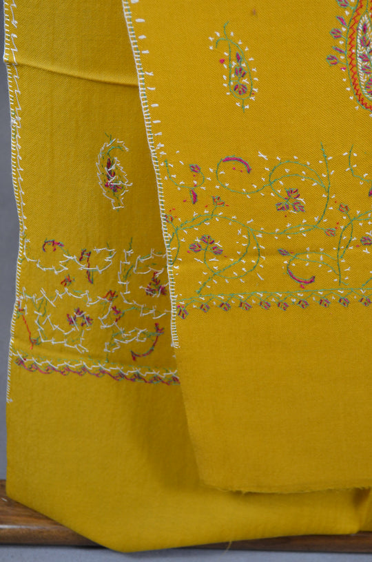 Canary Yellow Base Big Border Sozni Embroidery Merino Wool Scarf