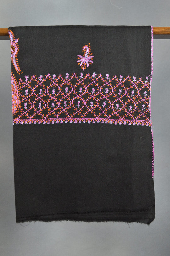 Black Base Big Border Pink Sozni Embroidery Merino Wool Scarf