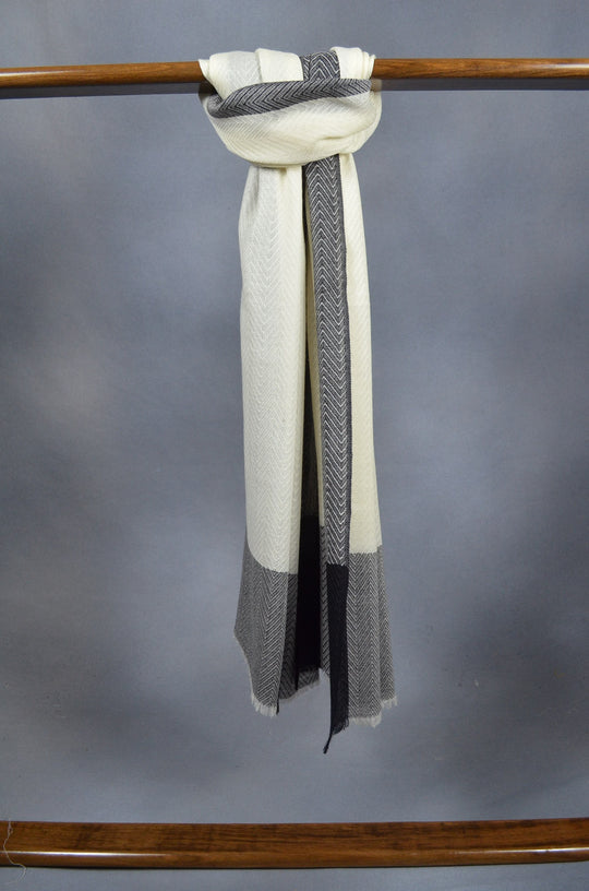 Grey Border Herringbone weave Merino & Silk Scarf