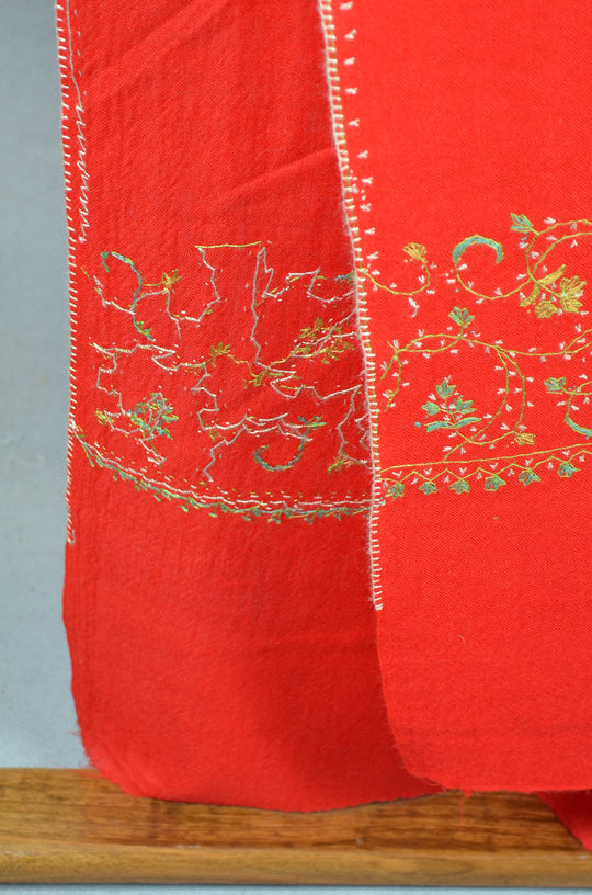 Bright Red Base Big Border Sozni Embroidery Merino Wool Scarf
