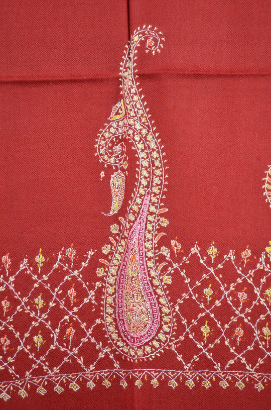 Maroon Base Big Border Pink Sozni Embroidery Merino Wool Scarf