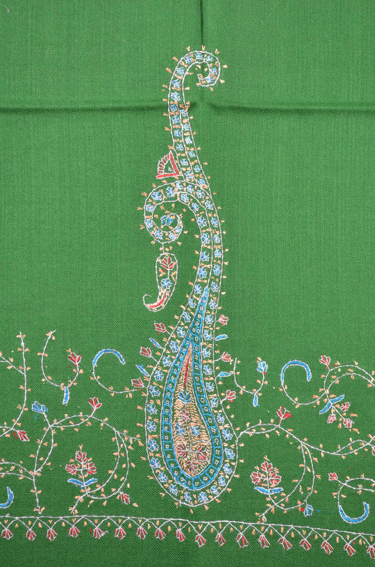 Green Base Big Border Blue Sozni Embroidery Merino Wool Scarf