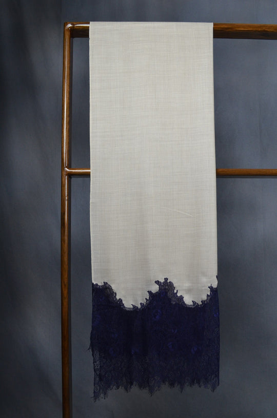 Ivory Base with Korean Blue lace Merino & Silk Scarf