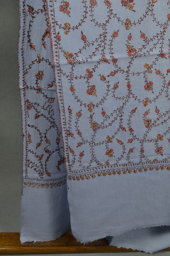 Light Blue Jali Sozni Embroidery Merino Wool Stole