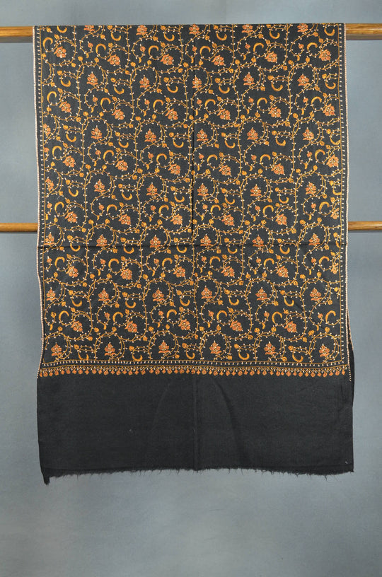 Black Jali Sozni Embroidery Merino Wool Stole