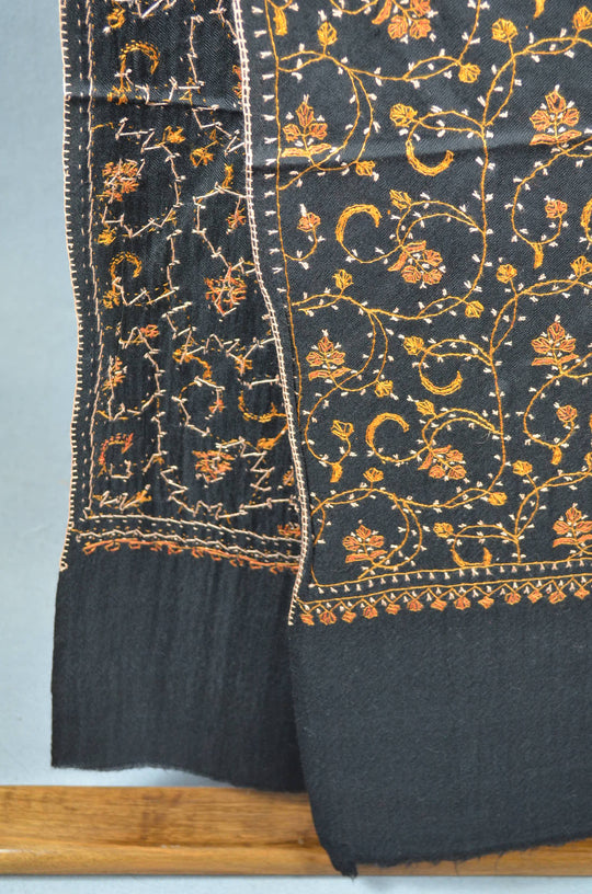 Black Jali Sozni Embroidery Merino Wool Stole
