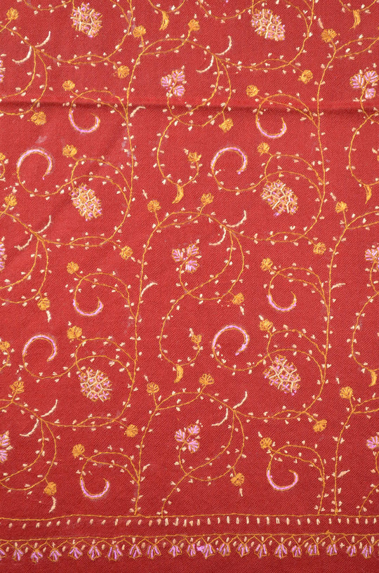 Dark Red Jali Sozni Embroidery Merino Wool Stole
