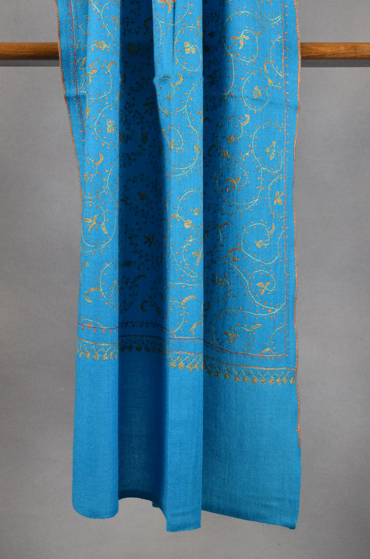 Dodger Blue Jali Sozni Embroidery Merino Wool Stole
