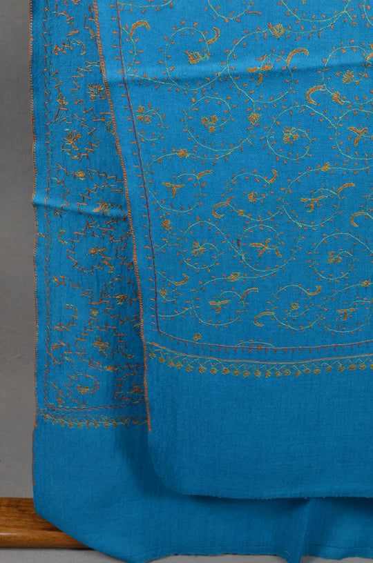 Dodger Blue Jali Sozni Embroidery Merino Wool Stole