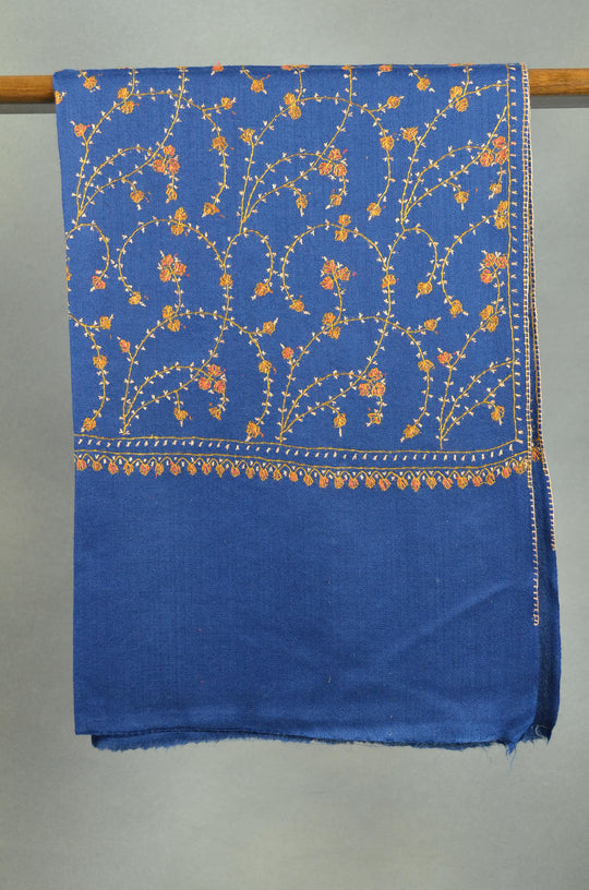 Royal Blue Jali Sozni Embroidery Merino Wool Stole