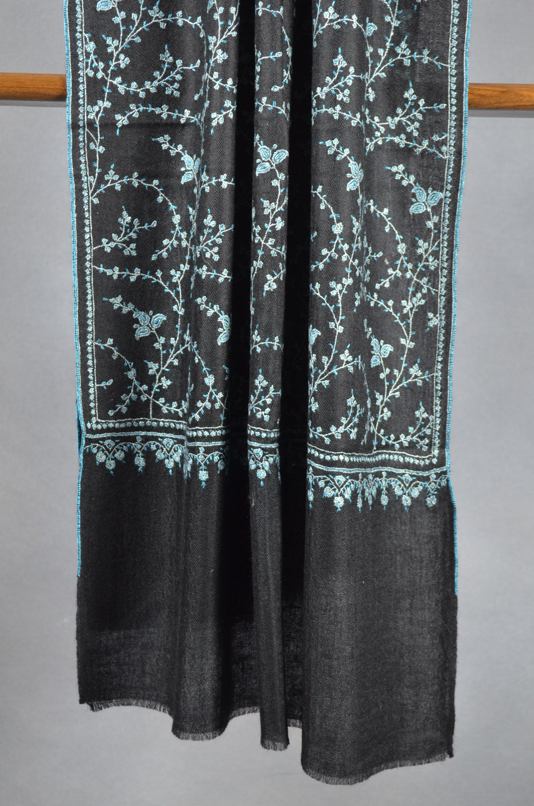 Black Base Jali Blue Embroidery Pashmina Cashmere Scarf