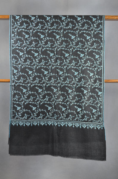 Black Base Jali Blue Embroidery Pashmina Cashmere Scarf
