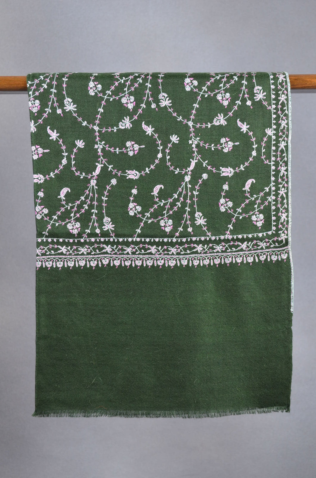Pine Green Base Jali Embroidery Pashmina Cashmere Scarf