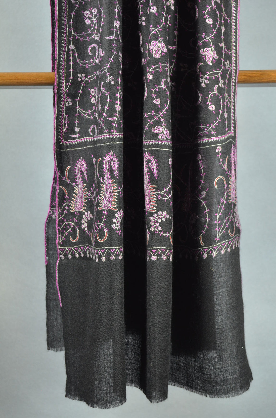 Black Base Jali Pink Embroidery Pashmina Cashmere Scarf