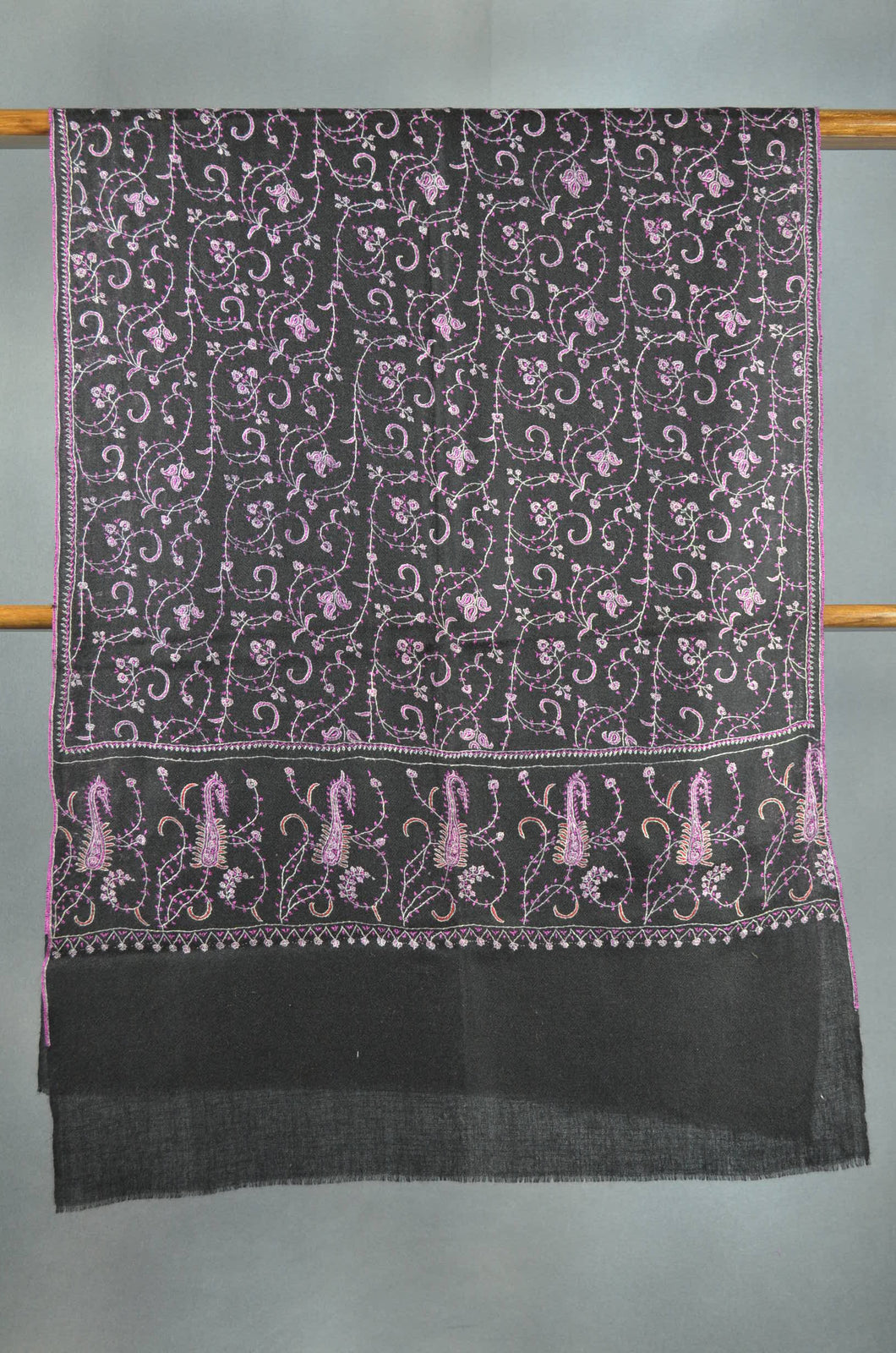 Black Base Jali Pink Embroidery Pashmina Cashmere Scarf