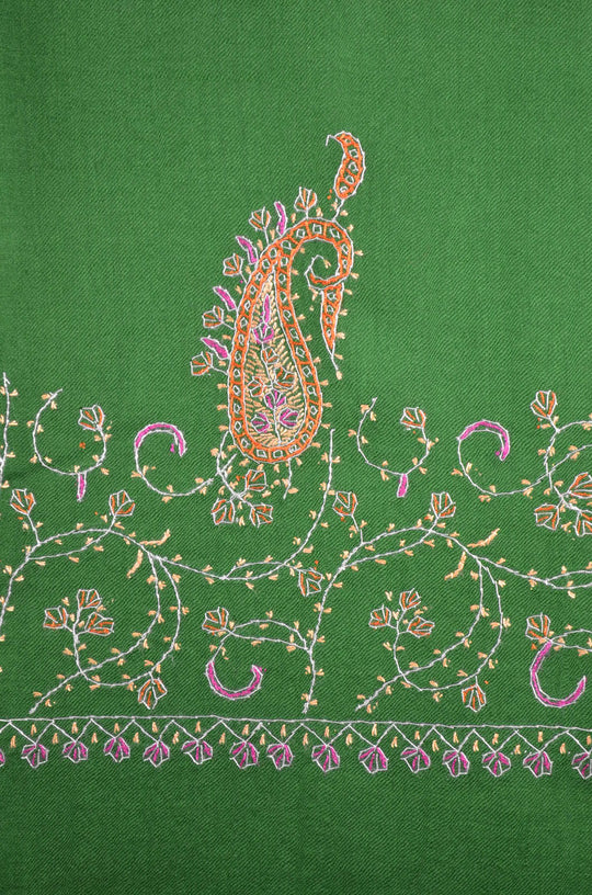 Green Base Big Border Sozni Embroidery Merino Wool Scarf