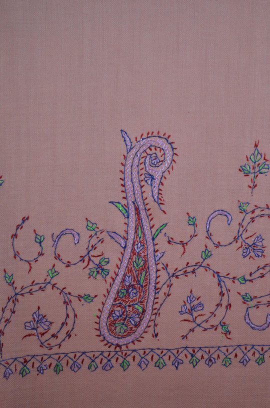 Pink Base Big Border Sozni Embroidery Merino Wool Scarf