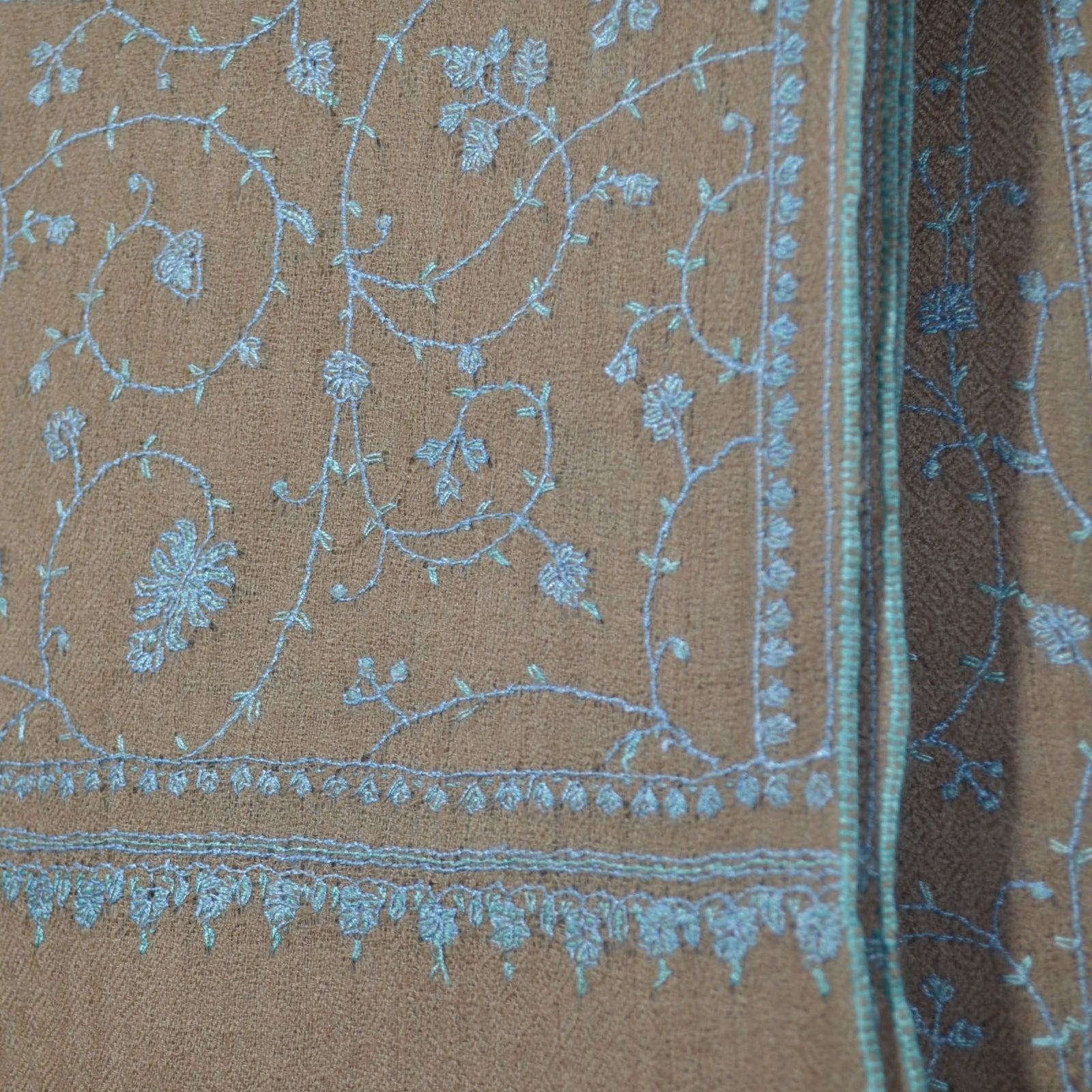 Un Dyed Taupe Jali Embroidery Pashmina Cashmere Scarf