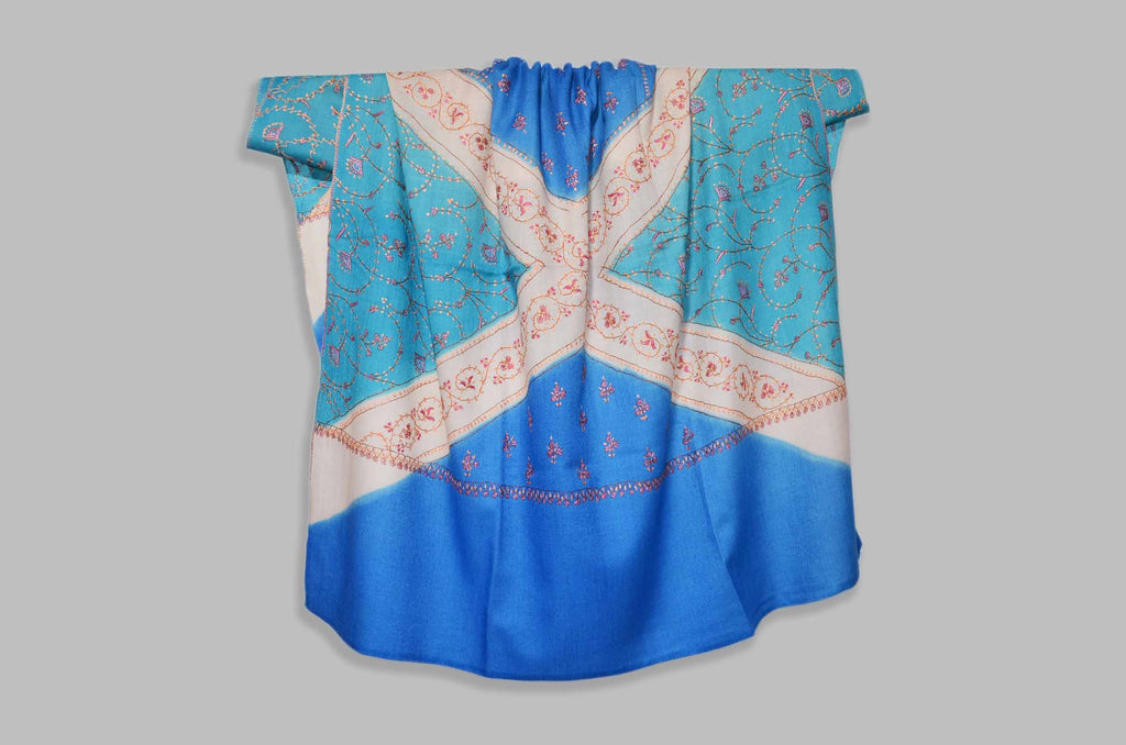 Blue, Ivory & Baby Blue Triple Dye Merino Sozni Hand Embroidery Shawl