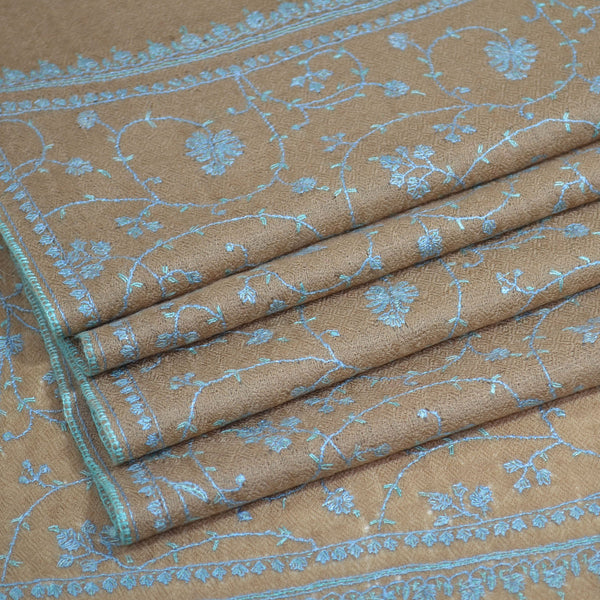 Un Dyed Taupe Jali Embroidery Pashmina Cashmere Scarf – detail view