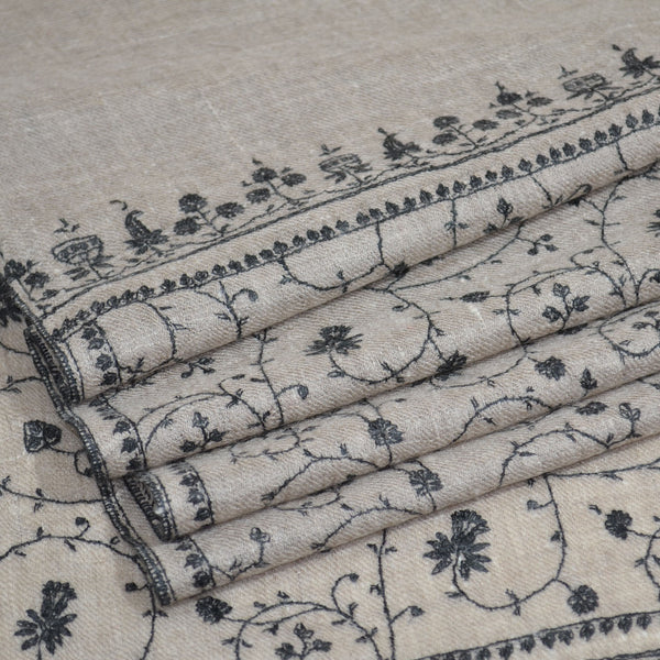 Un Dyed Taupe Jali Embroidery Pashmina Cashmere Scarf – detail view