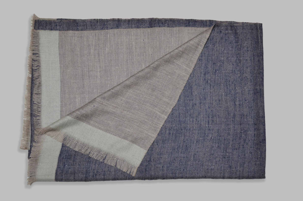 Reversible Navy Blue and Natural Handwoven Cashmere Pashmina Shawl