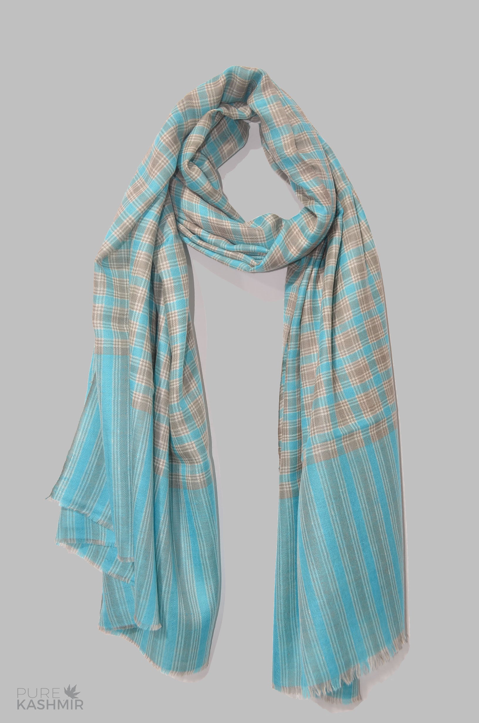Turquoise and Grey Check Cashmere Travel Wrap