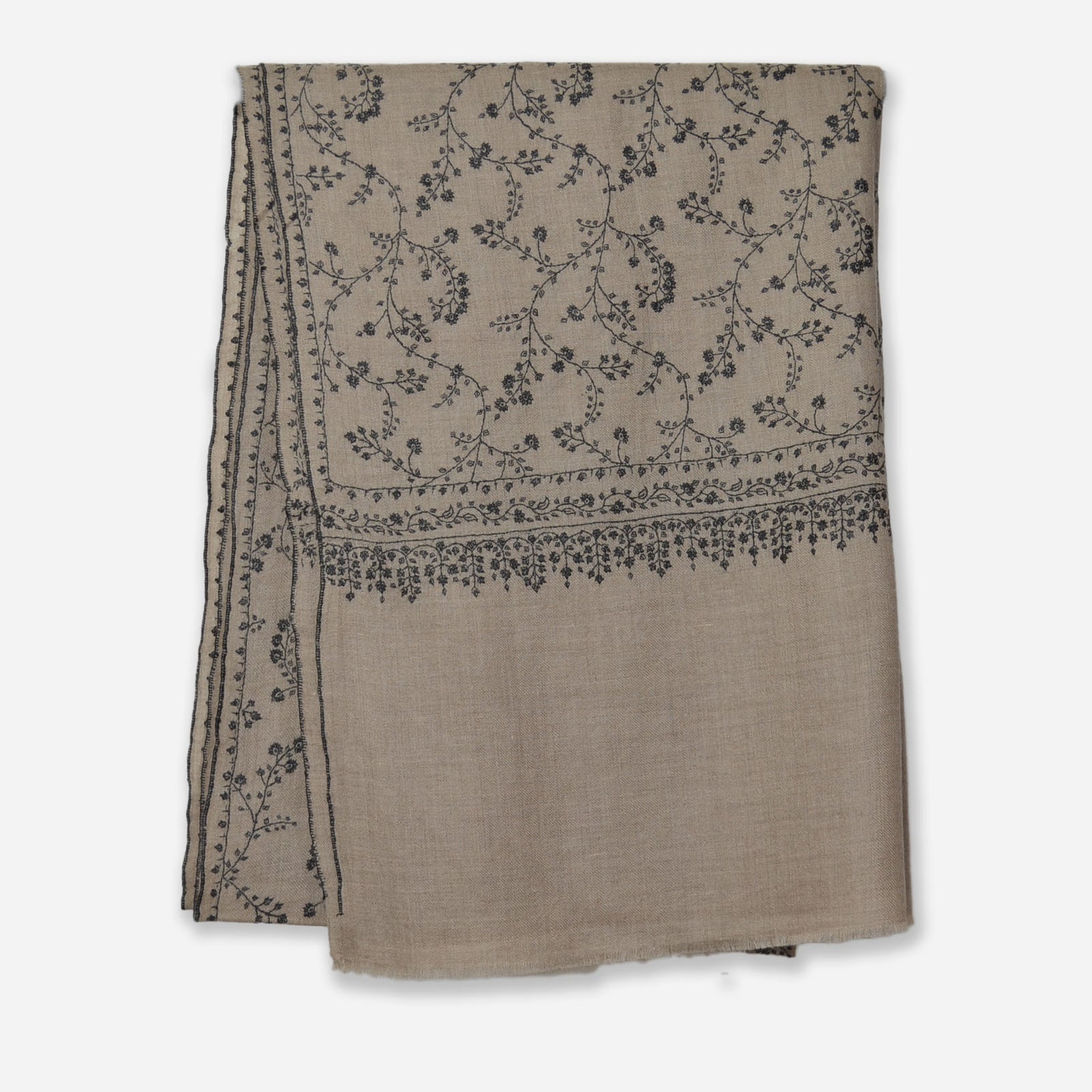 Un Dyed Taupe Jali Embroidery Pashmina Cashmere Scarf