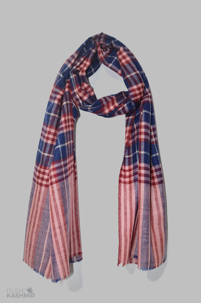 Red Blue Checkered Handwoven Cashmere Pashmina Shawl