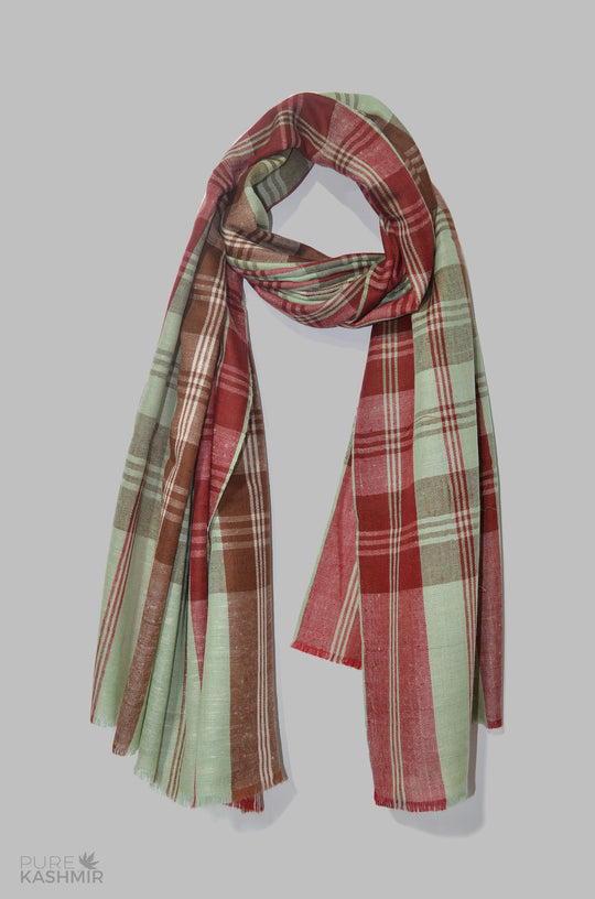 Sea Green, Red and Brown Handwoven Cashmere Pashmina Shawl