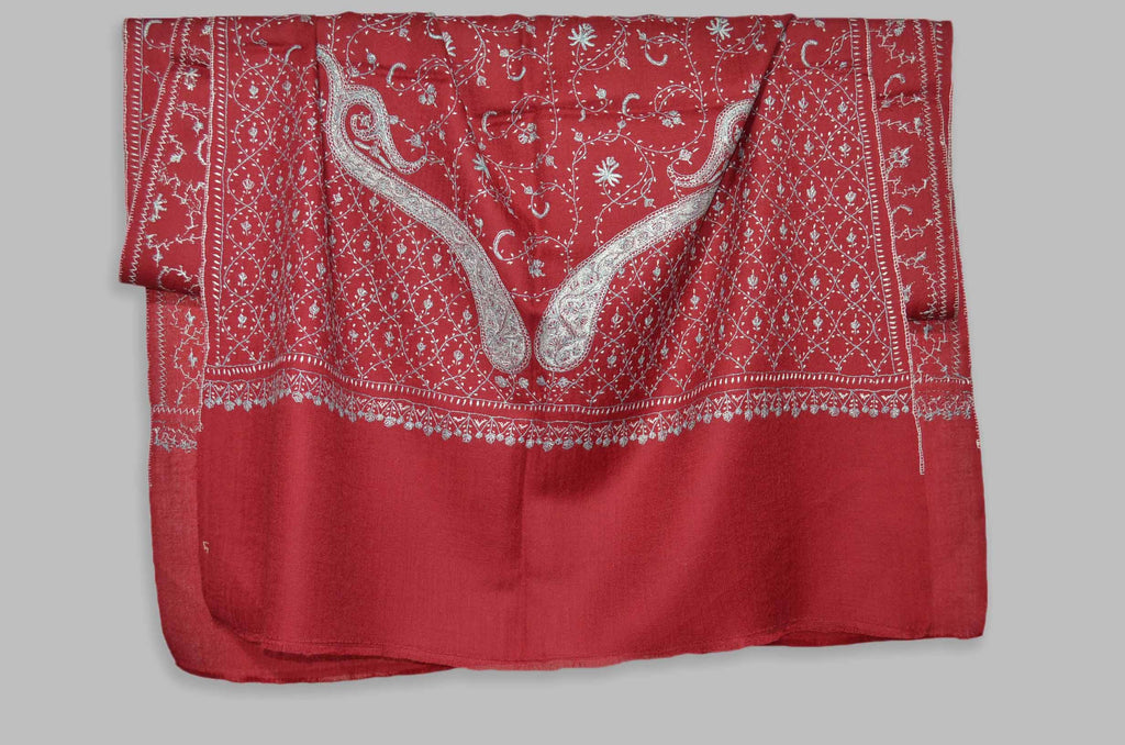 Red Jali Merino Sozni Hand Embroidery Scarf