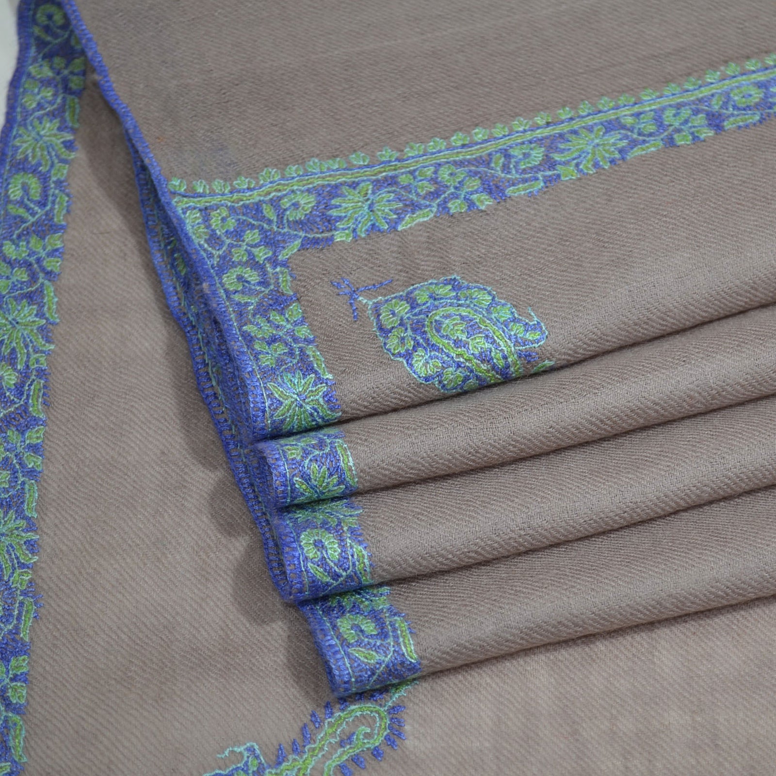 Un Dyed Taupe Border Embroidery Pashmina Cashmere Scarf