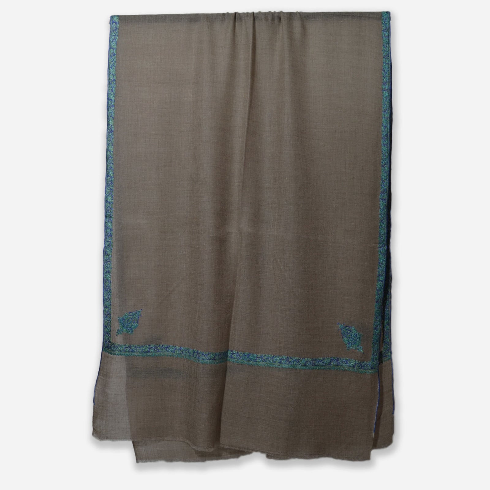 Un Dyed Taupe Border Embroidery Pashmina Cashmere Scarf