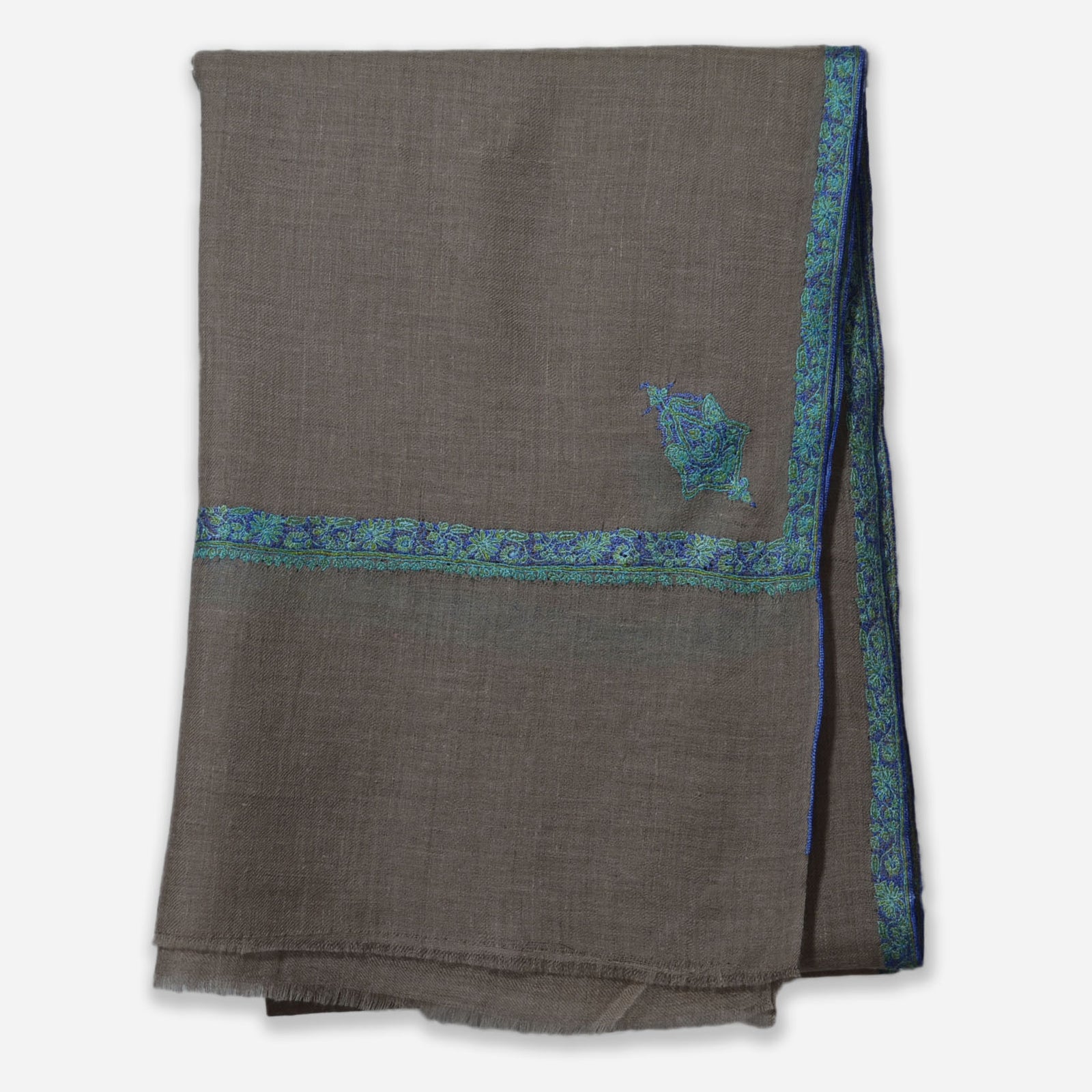 Un Dyed Taupe Border Embroidery Pashmina Cashmere Scarf