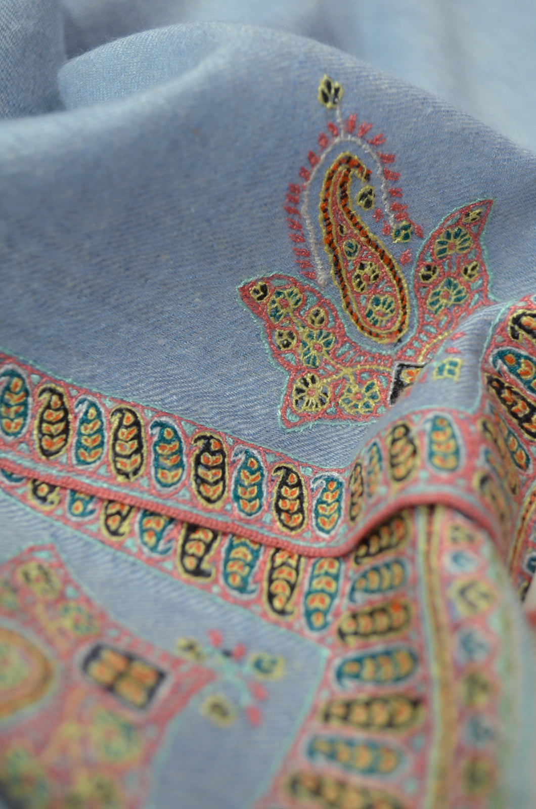 Blue Ikat Border Embroidery Cashmere Pashmina Shawl