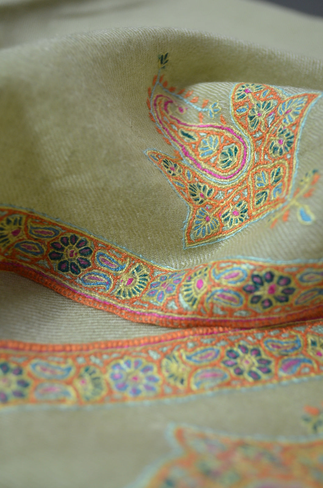 Lime Ikat Border Embroidery Cashmere Pashmina Shawl