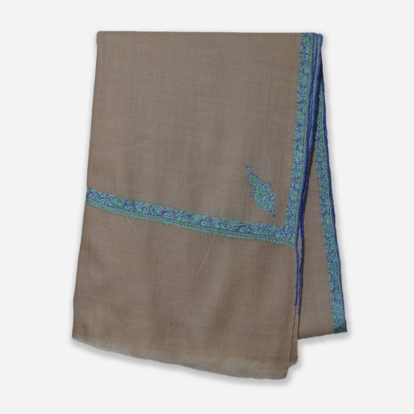 Un Dyed Taupe Border Embroidery Pashmina Cashmere Scarf