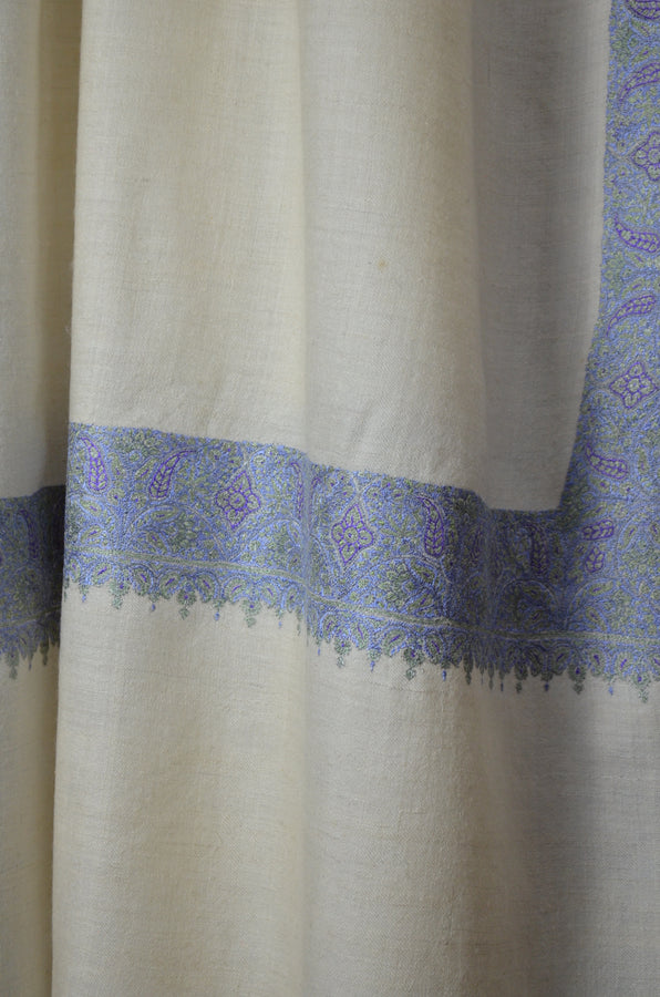 Ivory Blue Pastle Border Embroidery Cashmere Pashmina Shawl