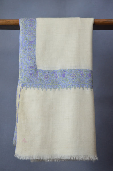 Ivory Blue Pastle Border Embroidery Cashmere Pashmina Shawl
