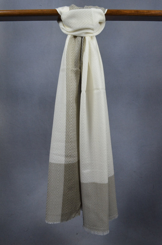 Grey Border Herringbone weave Merino & Silk Scarf