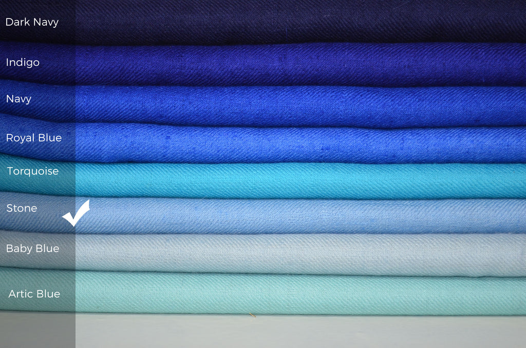 Beautifully light and scrumptiously soft "Stone Blue" Cashmere Scarf is hand woven from the highest grade of 100% pure Cashmere from Kashmir.