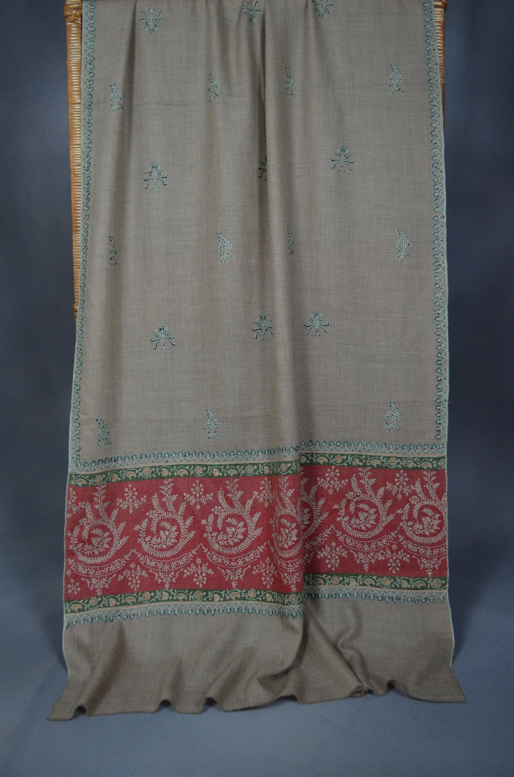 Natural Taupe Border Embroidery Cashmere Pashmina Scarf with Motifs