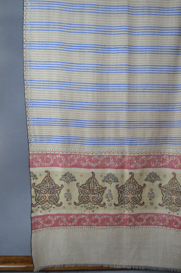Blue & Natural Striped Border Embroidery Cashmere Pashmina Shawl