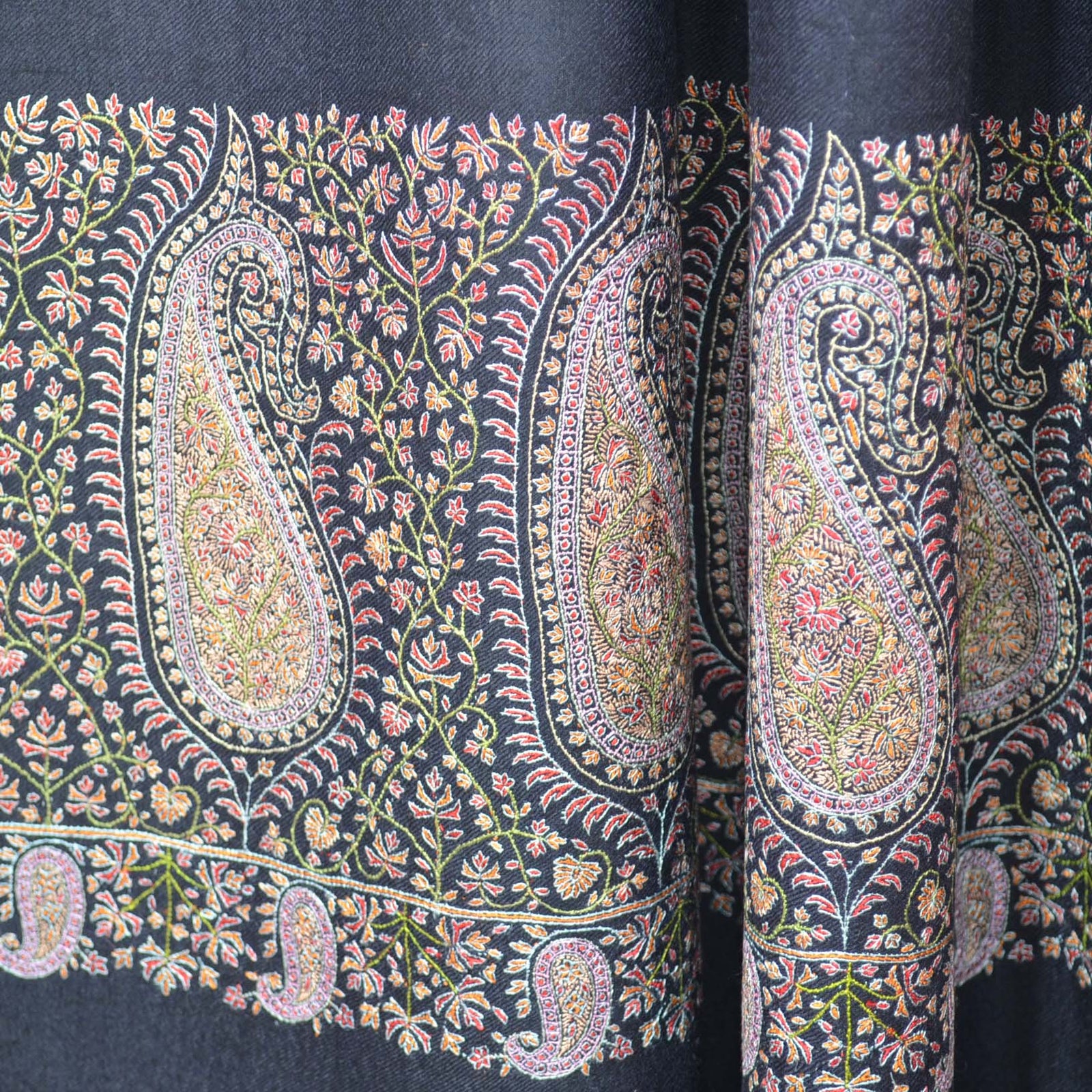 Black Big Border Embroidery Cashmere Pashmina Shawl