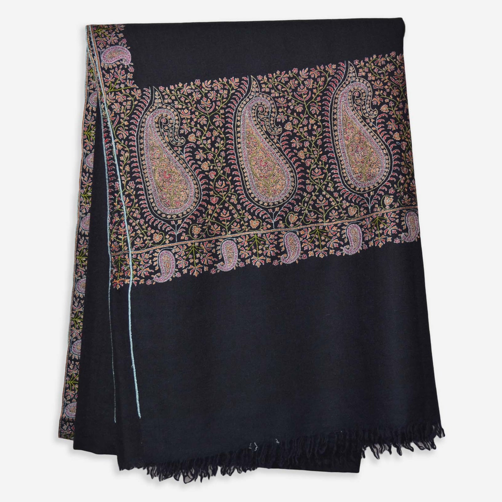 Black Big Border Embroidery Cashmere Pashmina Shawl