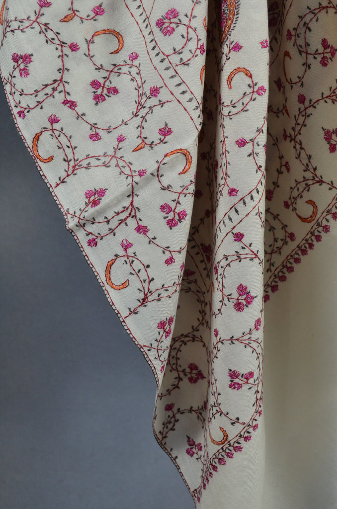 Ivory Jali Sozni Pink Embroidery Shawl
